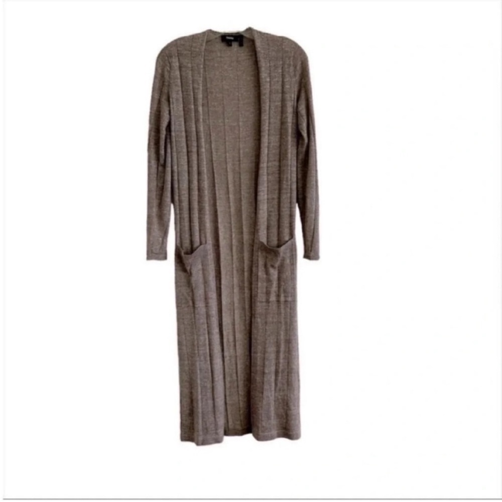 Theory Torina Rib Wool Linen Open Front Long Duster Cardigan - Picture 3 of 8